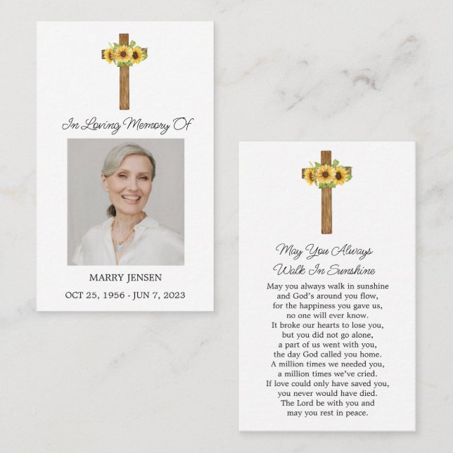 Sunflower Cross Memorial Photo Funeral Prayer Card Visitenkarte (Vorne/Hinten)