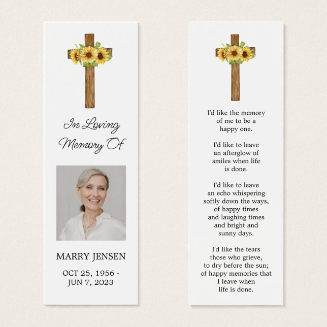 Sunflower Cross Photo Funeral Bookmark (Devant & derrière)