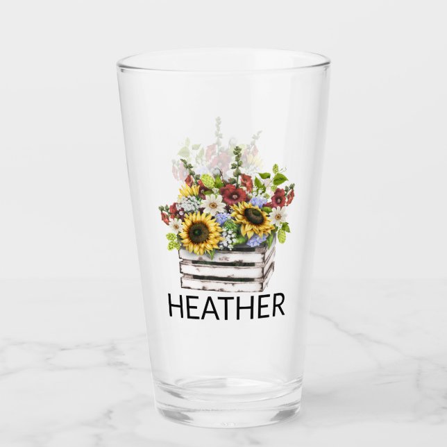 Sunflower Daisy Blume Monogram Name Glas (Vorderseite)