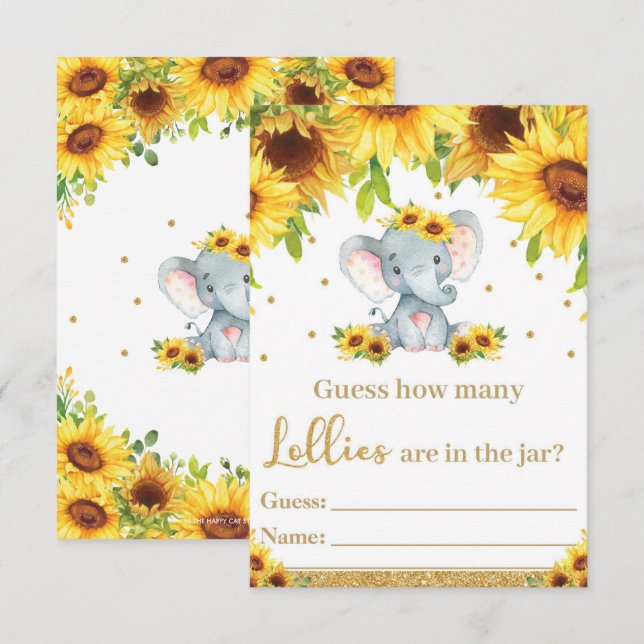 Sunflower Elephant Devine Combien de Lollies carte (Devant / Derrière)