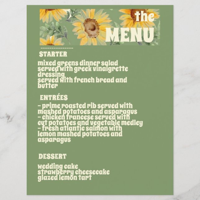Sunflower Eucalyptus Floral Mariage Menu (Devant)
