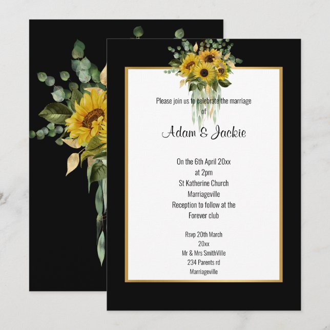 SUNFLOWER EUCALYPTUS GOLD TRIM ELEGANT WEDING BLK EINLADUNG (Vorne/Hinten)