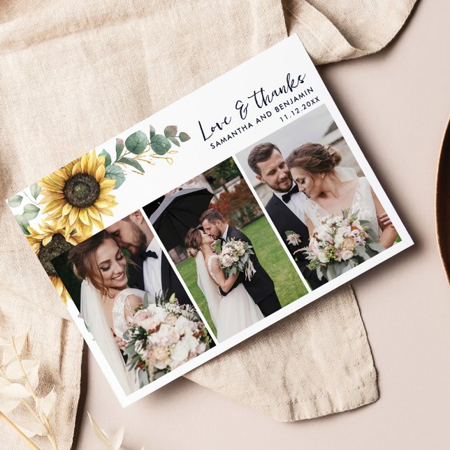Sunflower Eucalyptus Jour de mariage Photos Merci (Love and Thanks Wedding Day Photos Thank You Card)