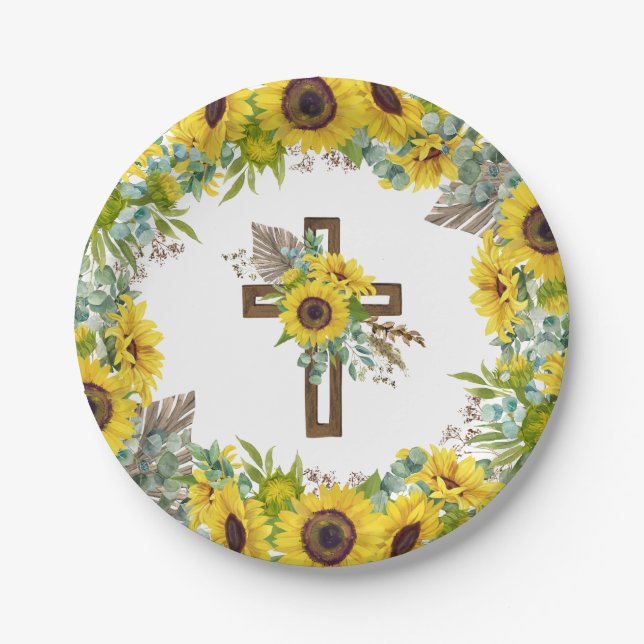 Sunflower Eucalyptus Palm Boho Cross Baptism Pappteller (Vorderseite)