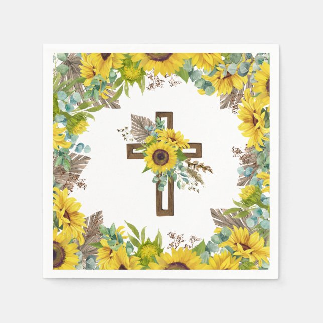 Sunflower Eucalyptus Palm Boho Cross Baptism Serviette (Vorderseite)