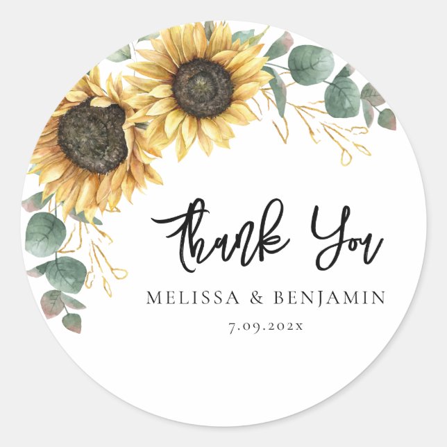 Sunflower Eucalyptus Wedding Script Vielen Dank Runder Aufkleber (Vorderseite)