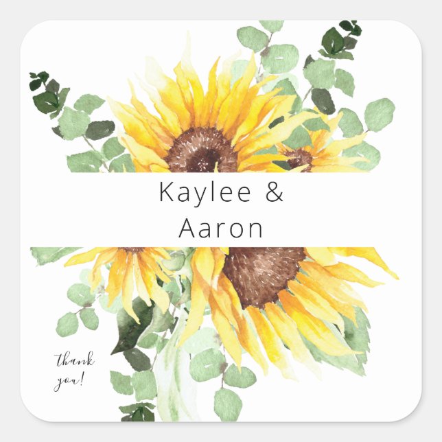 Sunflower & Eukalyptus MOD Floral Vielen Dank Quadratischer Aufkleber (Vorderseite)