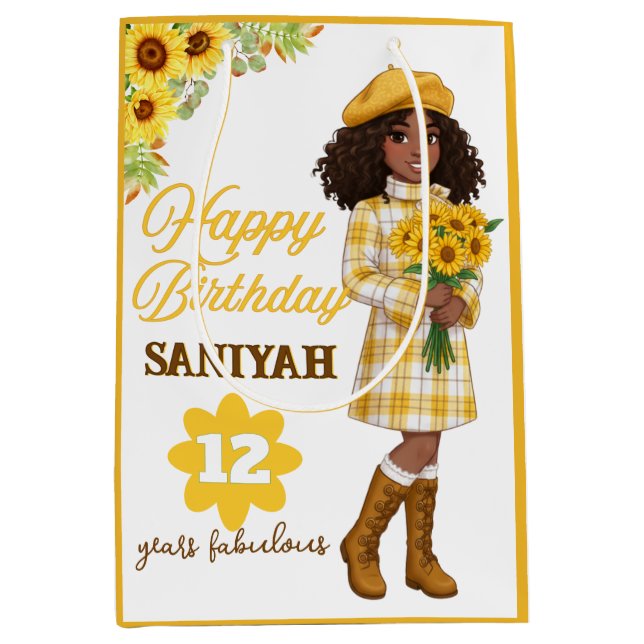 Sunflower Fashion Girl Yellow Plaid Birthday Mittlere Geschenktüte (Vorderseite)