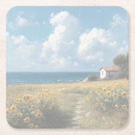 Sunflower Field Path to the Sea | Acrylic Rechteckiger Pappuntersetzer