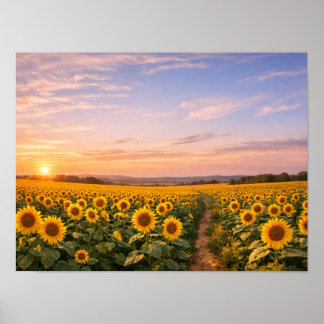 Sunflower Field Sunset Landscape Poster