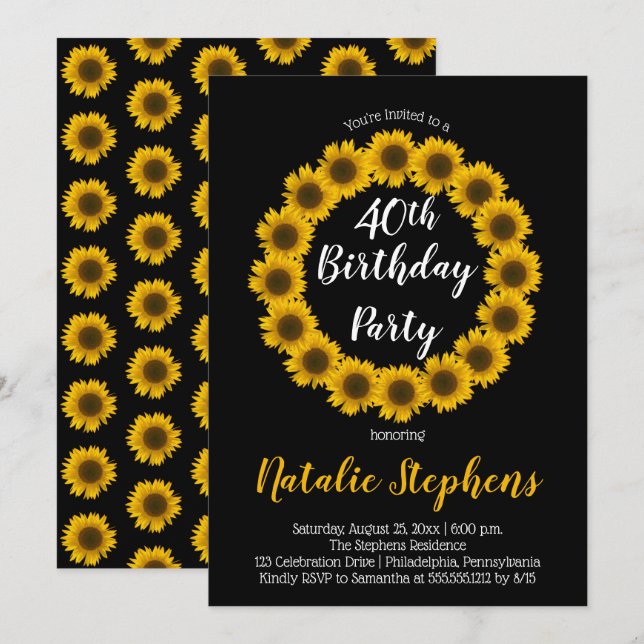 Sunflower Floral Wreath Invitation fête d'annivers (Devant / Derrière)
