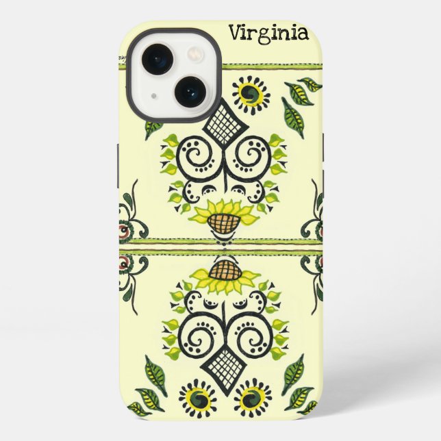 Sunflower Folk Pattern and your name iPhone Hülle (Rückseite)