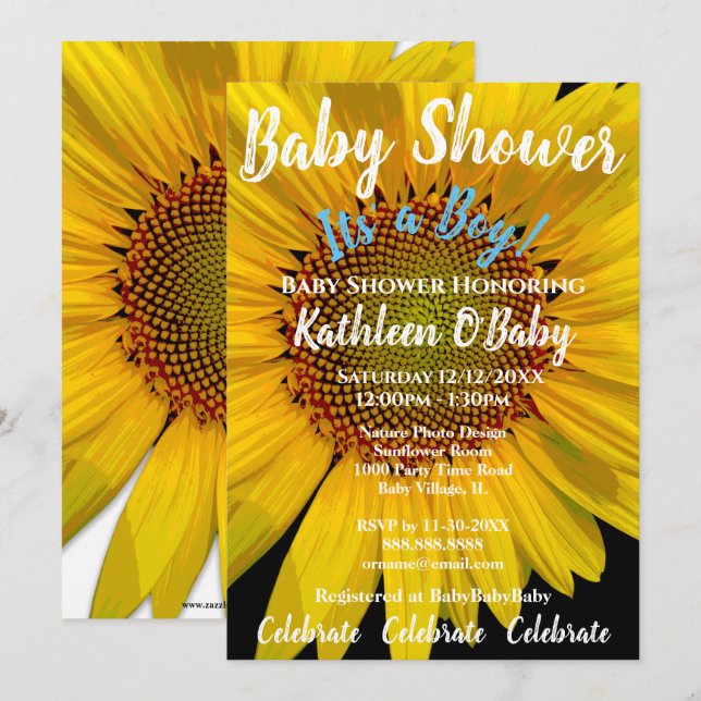SUNFLOWER FOTO BABY BOY SHOWER EINLADUNG (Vorne/Hinten)