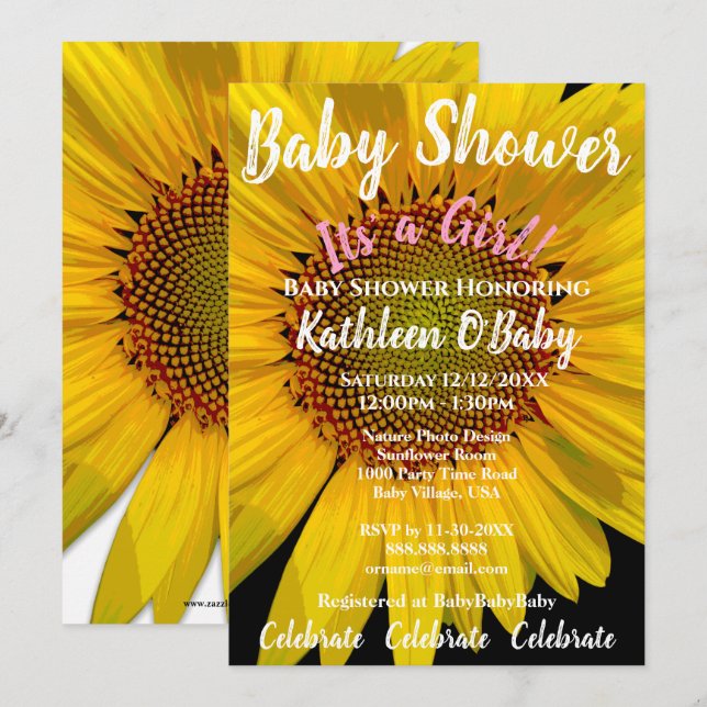 SUNFLOWER FOTO BABY MIRL DUSCHE EINLADEN EINLADUNG (Vorne/Hinten)