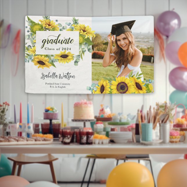 Sunflower Foto Script Abschluss Willkommen Party Banner (Sunflower Photo Script Graduation Welcome Party Banner)