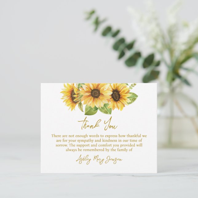 Sunflower Funeral Thank You Note Card Bereavement Dankeskarte (Stehend Vorderseite)