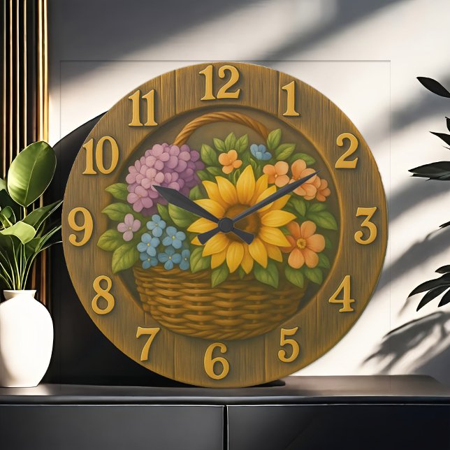Sunflower Garden Basket Wooden Wall Clock Große Wanduhr (Von Creator hochgeladen)