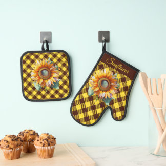 "Sunflower" Gingham Ofenhandschuh & Topflappen-Set
