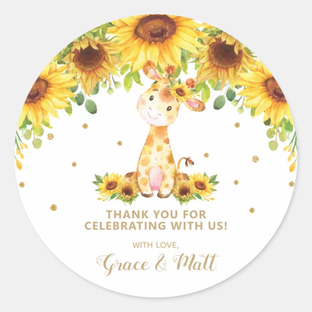 Sunflower Giraffe Vielen Dank, Goldener Glitzer Runder Aufkleber (Vorderseite)
