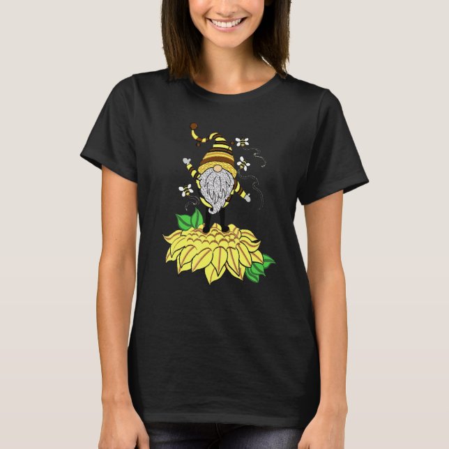 Sunflower Gnome With Bee  Hippie Gnome For Flower  T-Shirt (Vorderseite)