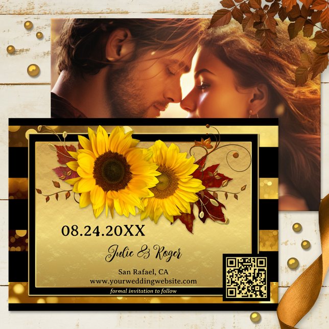 Sunflower Gold Black Photo Enregistrer la carte Da (Save the Date card with festive sunflowers and fall leaves on sparkling gold and black stripes)