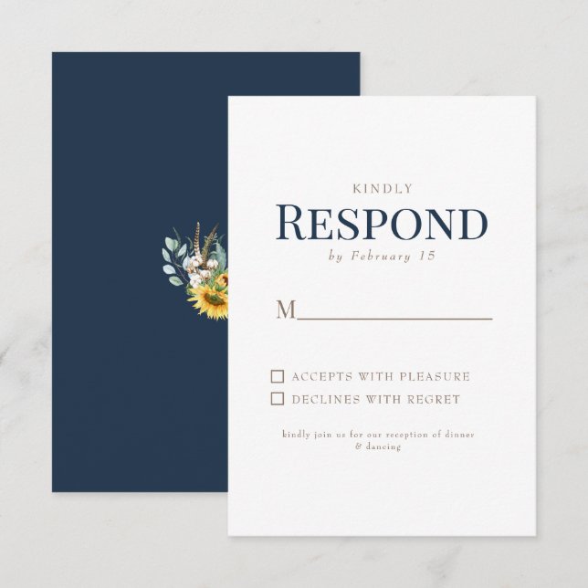 Sunflower Gold & Navy Mariage de texte RSVP (Devant / Derrière)