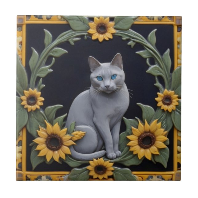 Sunflower Grey Cats - Gray Cat & Yellow Sunflowers Fliese (Vorderseite)