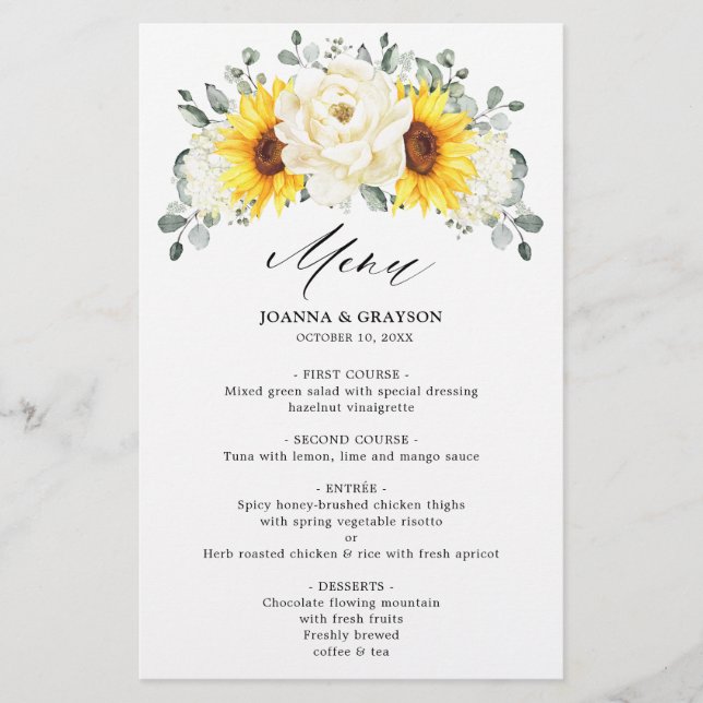 Sunflower Ivory Peony Eucalyptus Menu Mariage (Devant)