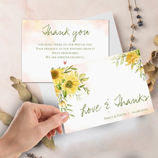 Sunflower Jaune Élégant Amour & Merci Mariage (Yellow Sunflower Elegant Love & Thanks Wedding Thank You Card)