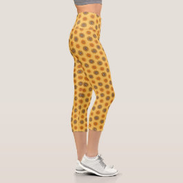 Sunflower Mandala Eye Art -Boho Yoga Graphic Print Capri Leggings