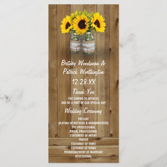 Sunflower Mason Jar Burlap + Programmes de mariage (Devant)