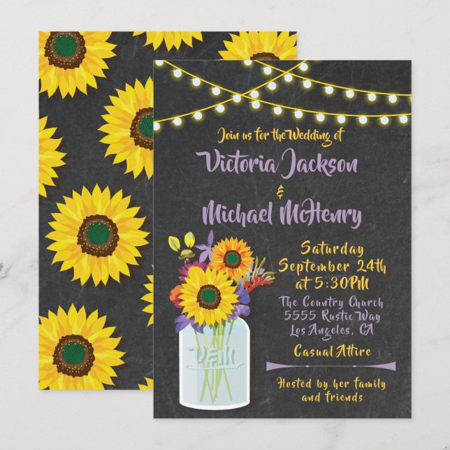 Sunflower Mason Jar Chalkboard Invitations de mari (Devant / Derrière)