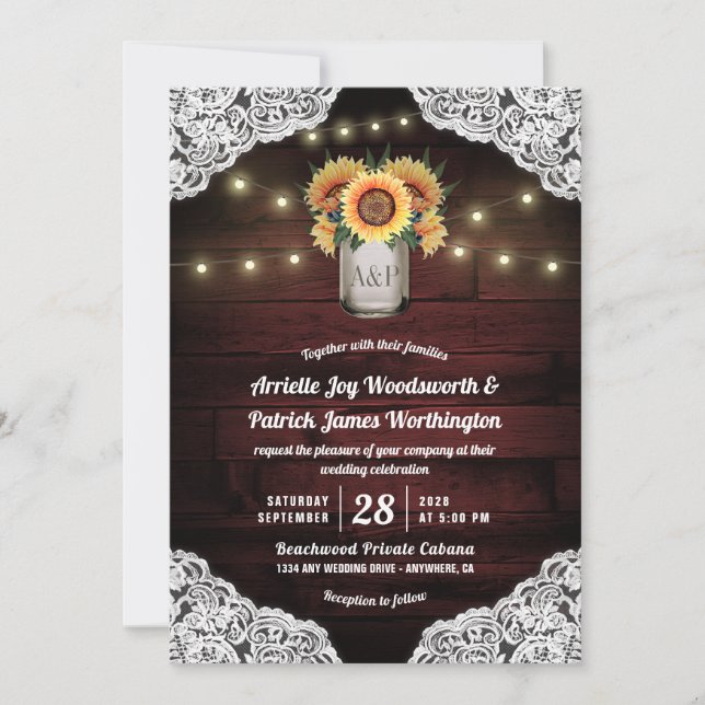 Sunflower Mason Jar Dentelle en bois Invitations d (Devant)