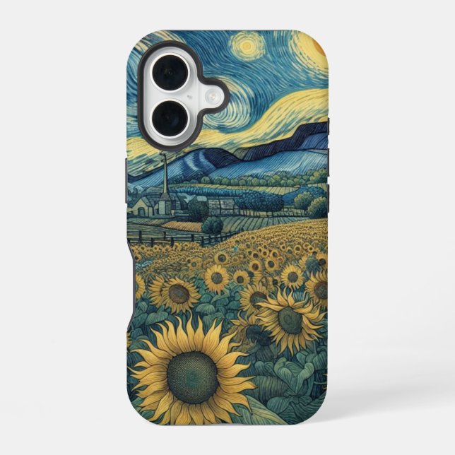 Sunflower Meadow in the Starry Night iPhone 16 Hülle (Rückseite)