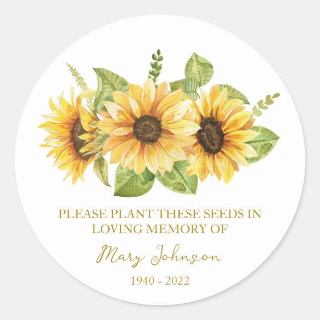 Sunflower Memorial Funeral Seed Packet Runder Aufkleber (Vorderseite)