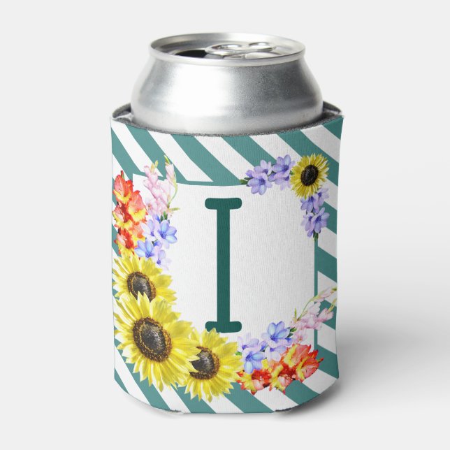 Sunflower Monogram Teal Stripes Dosenkühler (Kanne Vorderseite)