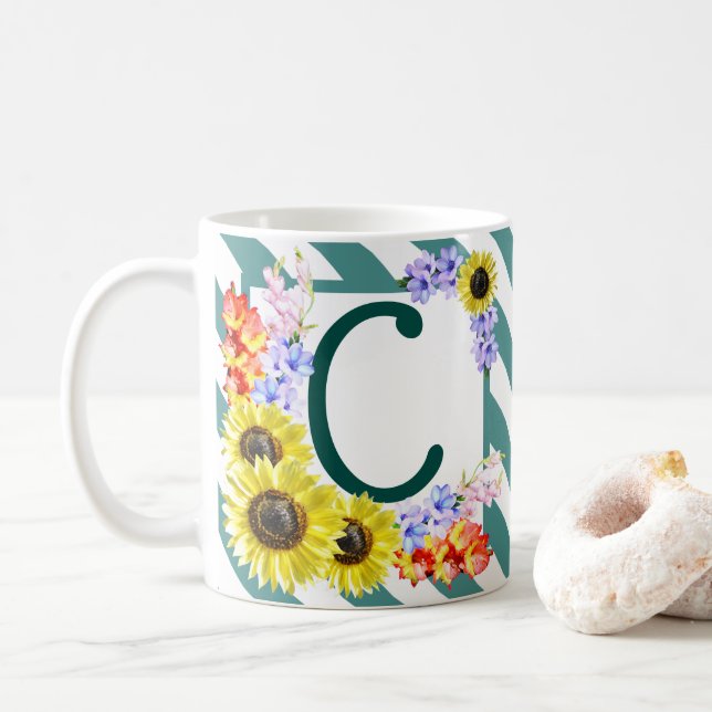 Sunflower Monogram Teal Stripes Kaffeetasse (Mit Donut)