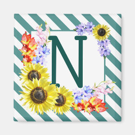Sunflower Monogram Teal Stripes Magnet