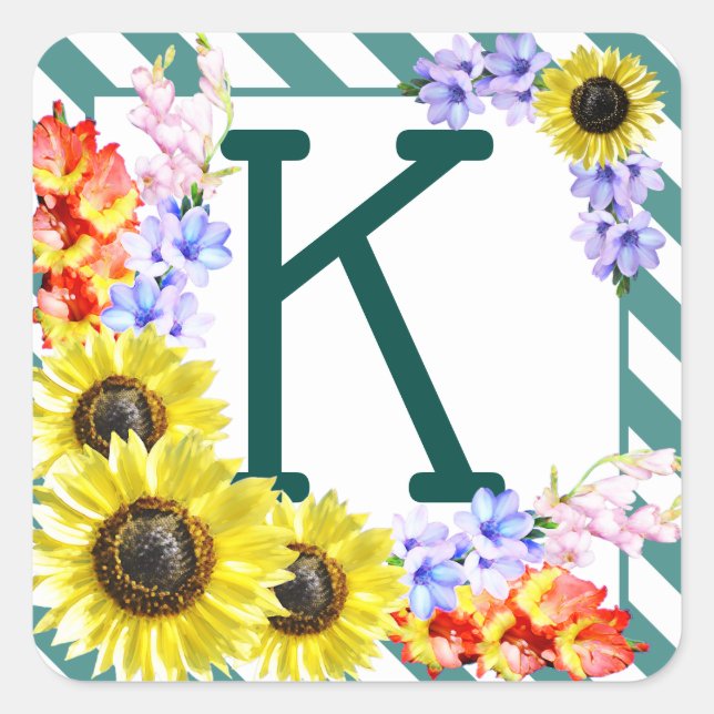 Sunflower Monogram Teal Stripes Quadratischer Aufkleber (Vorderseite)