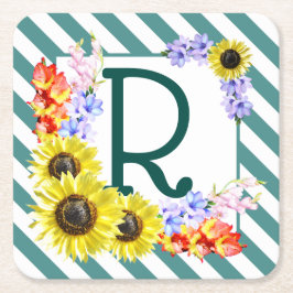 Sunflower Monogram Teal Stripes Rechteckiger Pappuntersetzer