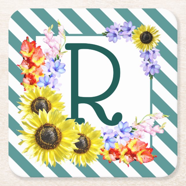 Sunflower Monogram Teal Stripes Rechteckiger Pappuntersetzer (Vorderseite)