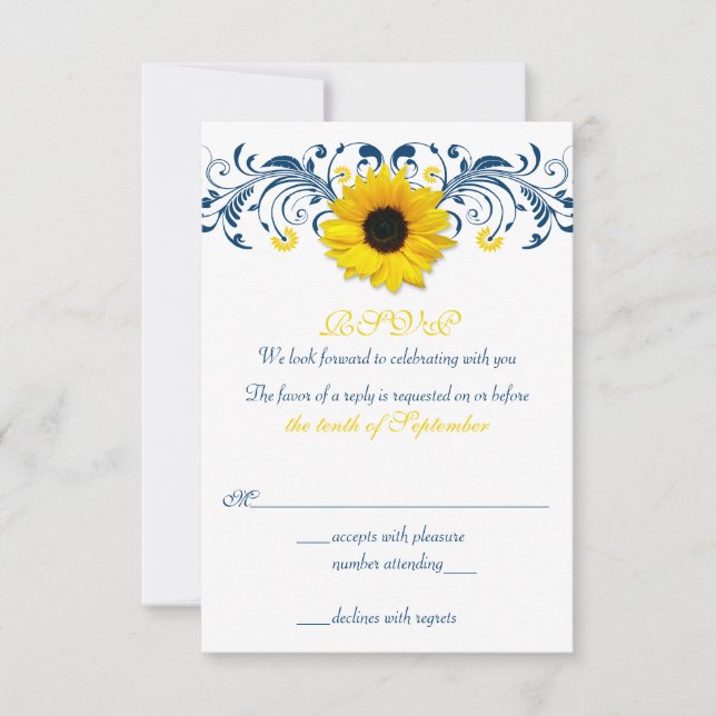 Sunflower Navy Blue Jaune Floral Wedding RSVP (Devant)