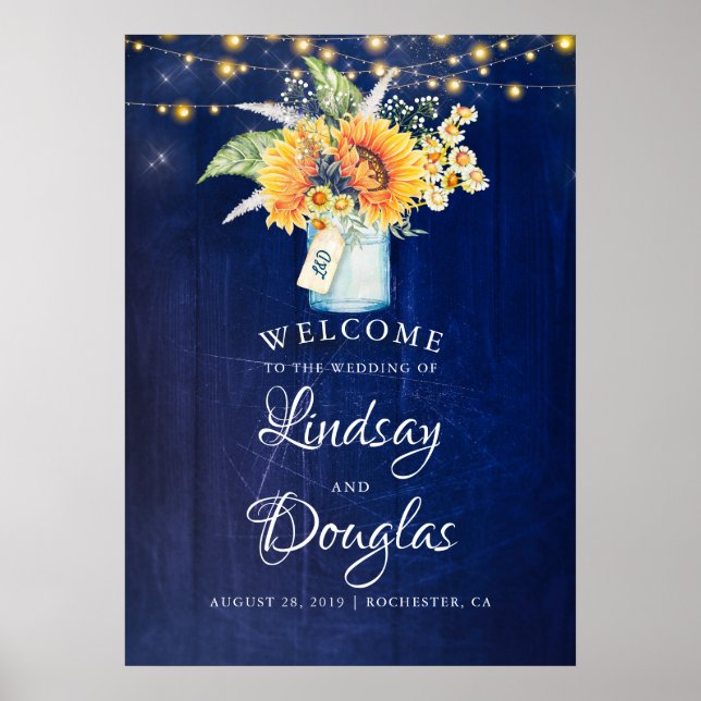 Sunflower Navy Blue Rustic Mariage Affiche de bien (Devant)
