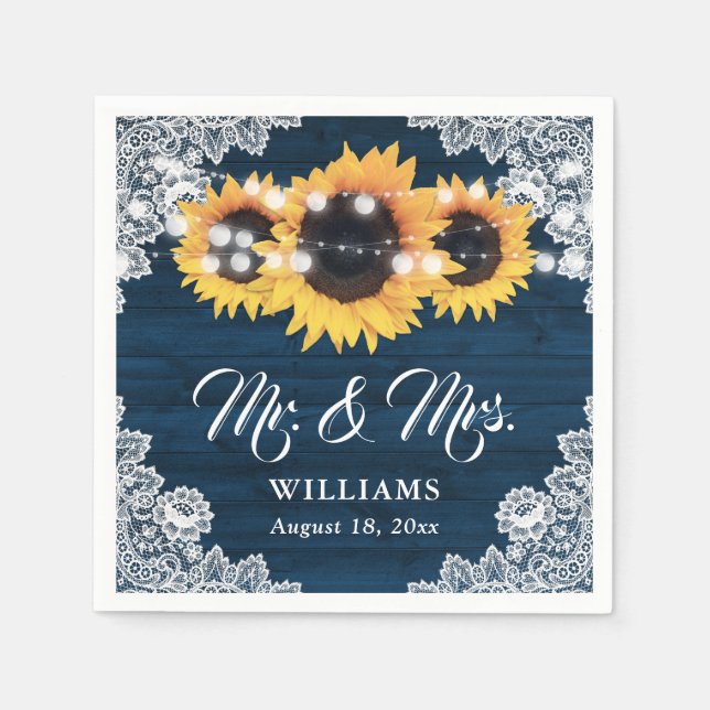 Sunflower Navy Blue Wood Floral Lace Wedding Serviette (Vorderseite)