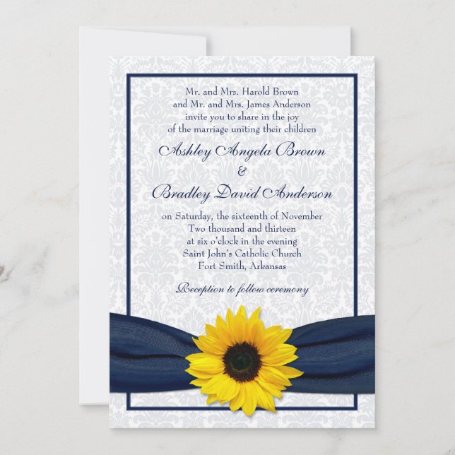 Sunflower Navy Damask Floral Faire-part de mariage (Devant)