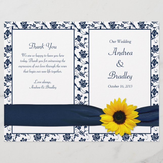 Sunflower Navy Damask Floral Wedding Programme (Devant)