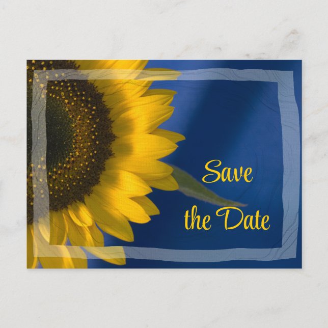 Sunflower on Blue Wedding Save the Date Ankündigungspostkarte (Vorderseite)