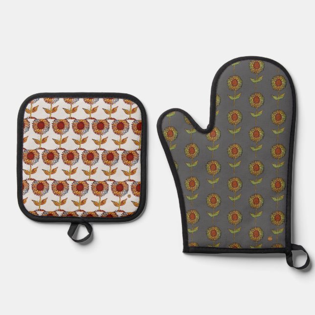  Sunflower Oven Mitt and Pot Holders Ofenhandschuh & Topflappen-Set (Vorderseite)