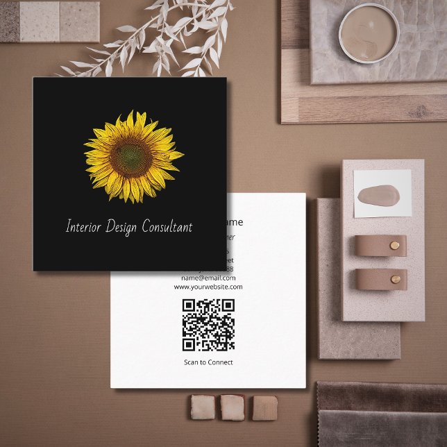 Sunflower QR code Interior Designer Black White  Quadratische Visitenkarte (Von Creator hochgeladen)