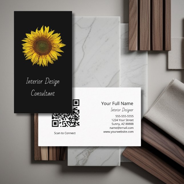 Sunflower QR code Interior Designer Modern Black  Visitenkarte (Von Creator hochgeladen)